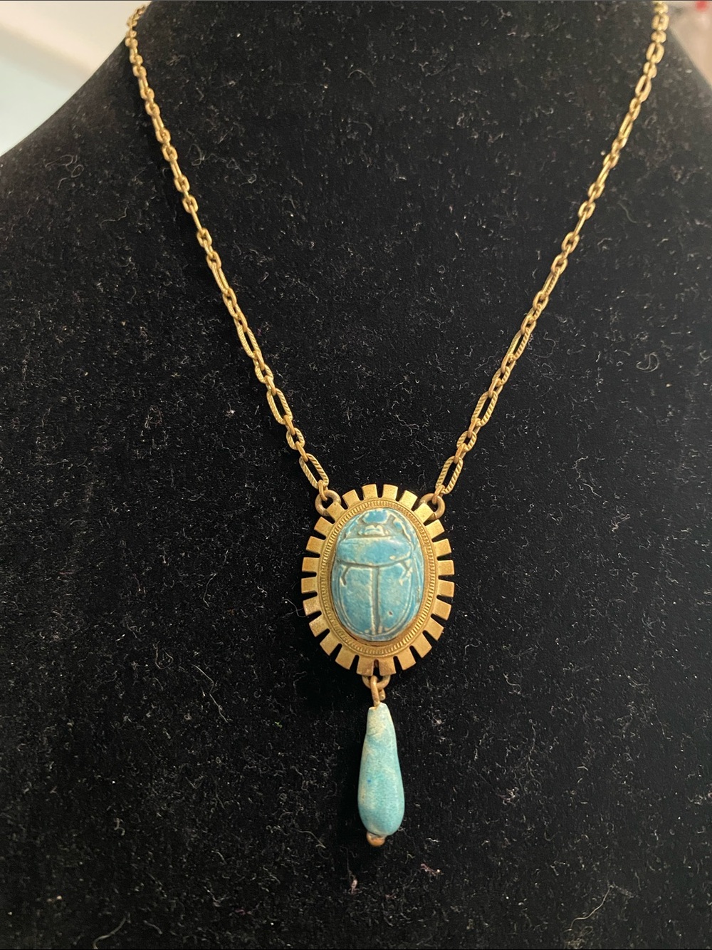 Antique Gold Turquoise Carved Scarab Pendant Necklace